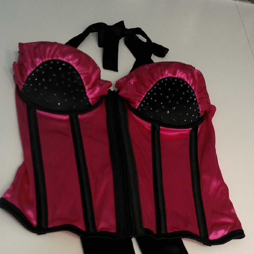 L Rhinestone-Embellished Burlesque/Showgirl Stretch Satin Halter Bustier